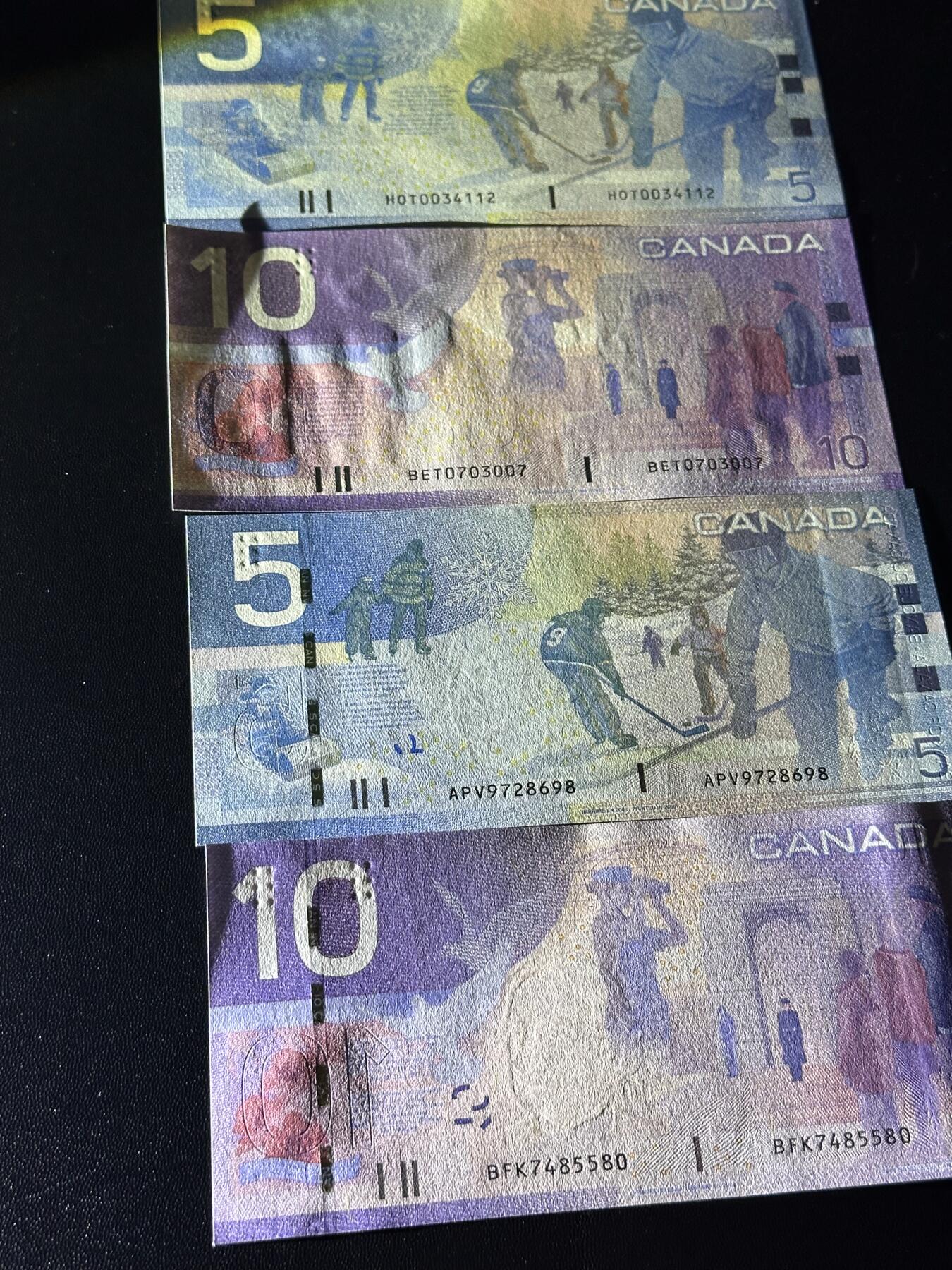 《外钞收藏家》第六百零九期（农历年前收官场、本期年后快递恢复正常再发货）（本平台长期征集拍品、欢迎藏友们联系合作） 加拿大之旅系列5/10元四张小套（内含有无全息条的两个版本，凑齐不易，绝品）