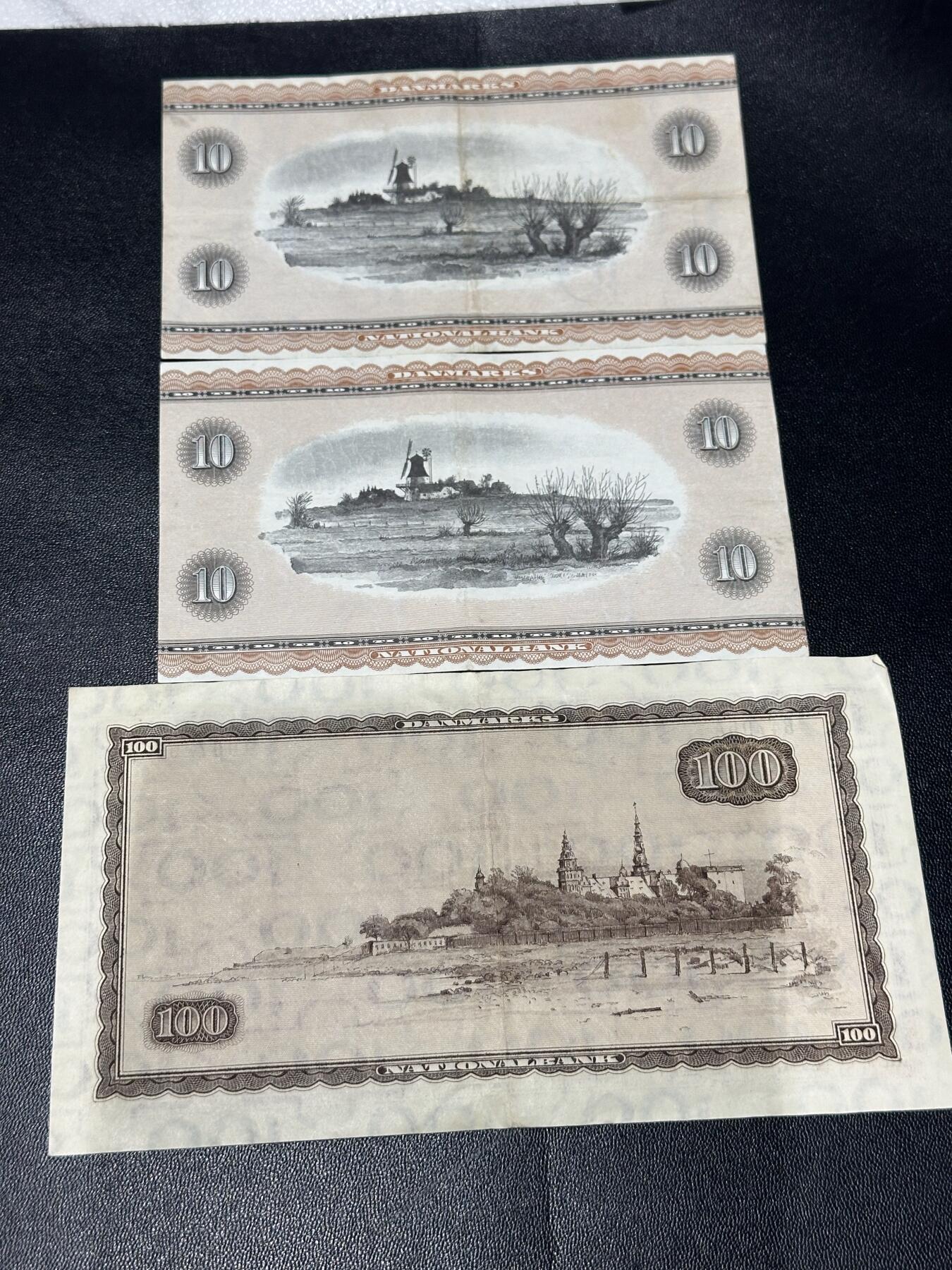 《外钞收藏家》第六百零九期（农历年前收官场、本期年后快递恢复正常再发货）（本平台长期征集拍品、欢迎藏友们联系合作） 1936年丹麦10和100克朗 3张一起 非全新 品相如图