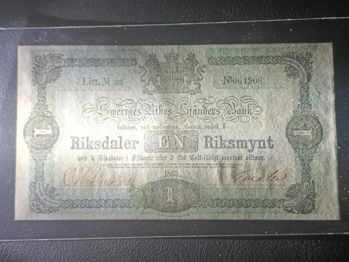 【年前末拍！】2026二月第二期，总216期 瑞典1863年1塔勒流通好品XF千位号，稀有的极早期瑞典银行塔勒银币品种，手写签名