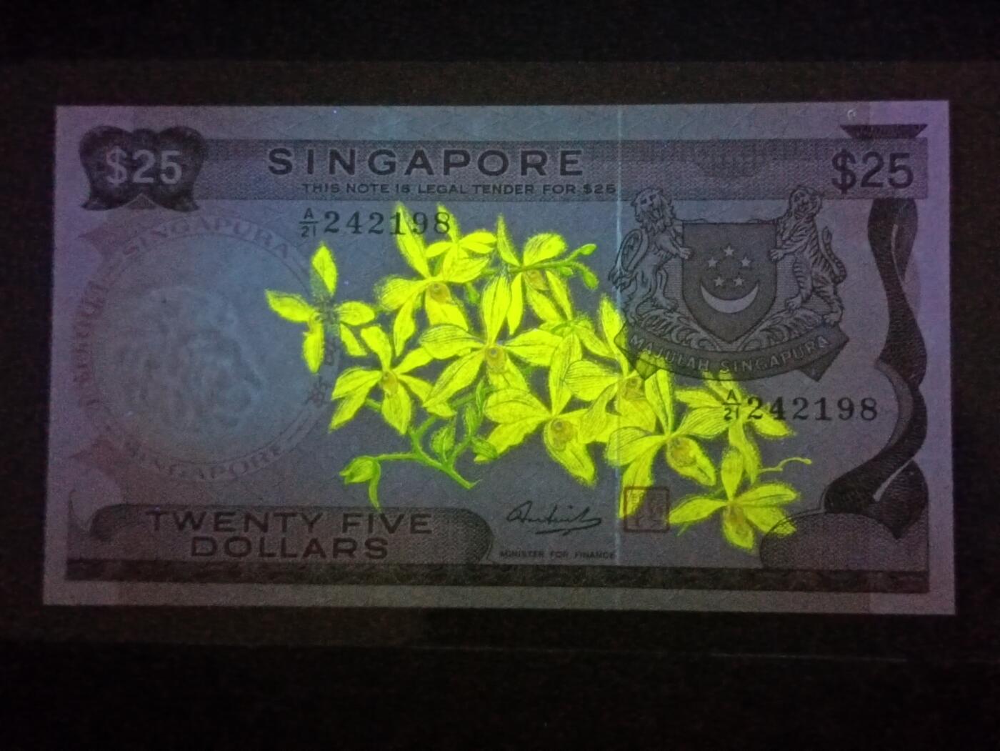 【年前末拍！】2026二月第二期，总216期 新加坡1972版25元UNC左侧有小黑点，此系列名誉面值之一，因发行量少被藏家追捧，胡姬花和老议会大楼