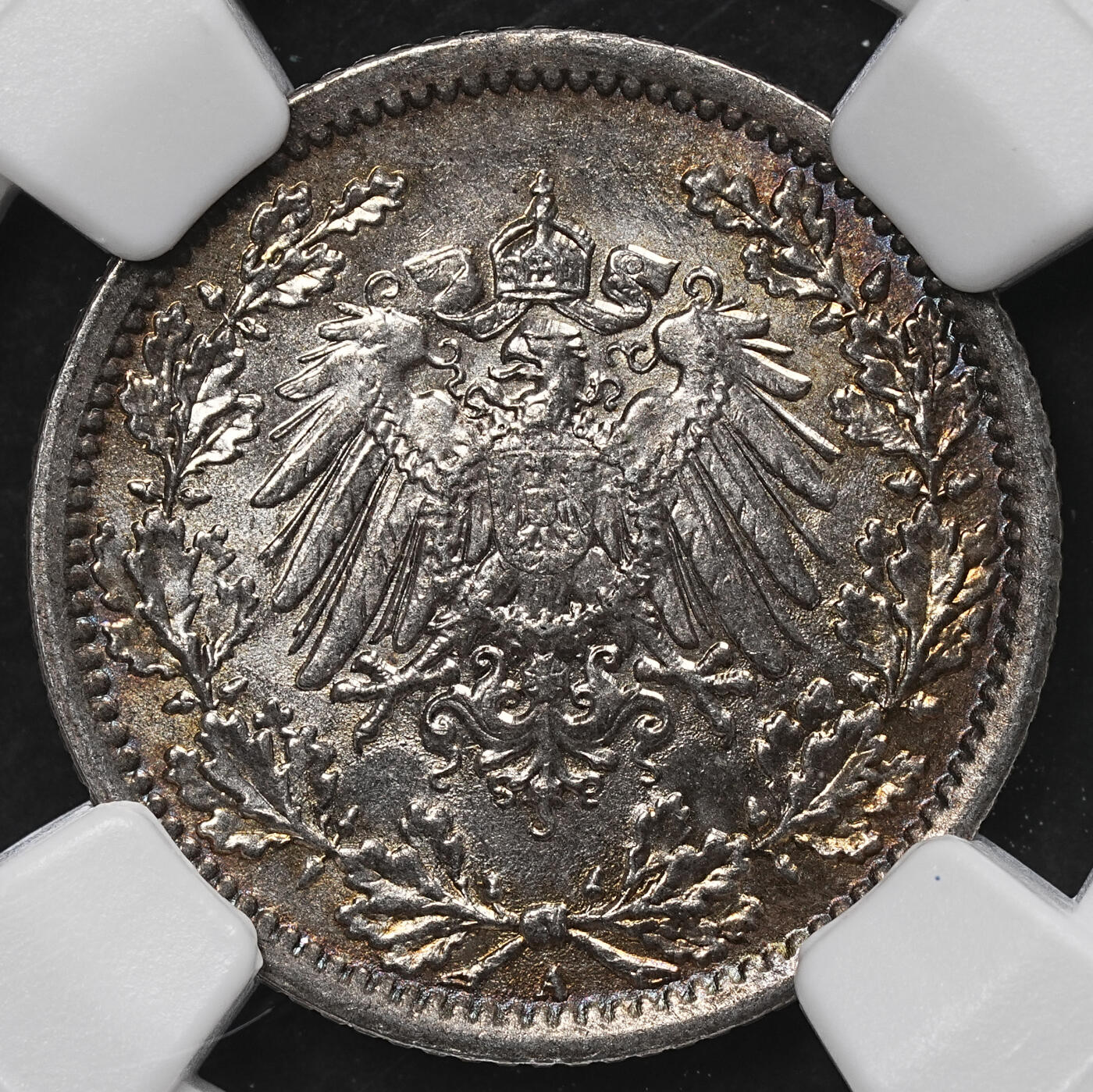 修遠堂世界钱币第104期 NGC MS63 1918年德国1/2马克银币 A厂铭 黑彩