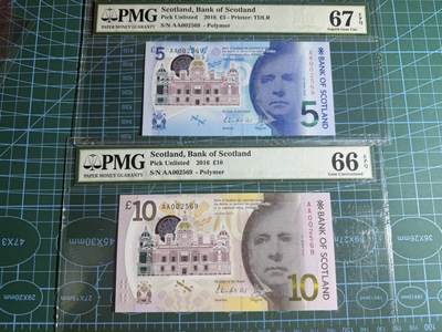 【炜奕收藏】，第五十九期，苏格兰多时期钞票，年前最后一期，拍后所有寄存物品将寄出 - 2016年苏格兰银行5镑&10镑全同千位号，PMG67分&66分，号码无347