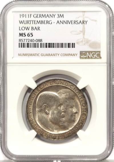 博洋堂“心向春光”2月精品大拍专场暨第160期（全场包邮） - NGC MS65 德国符腾堡1911年银婚纪念3马克，高分难得底板近乎无可挑剔，整体为淡灰色包浆，足以自藏的品相