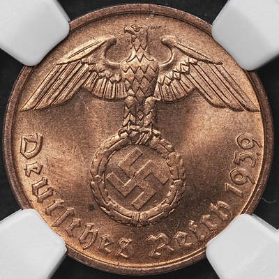 修遠堂世界钱币第104期 - NGC MS64RB 1939年德国2芬尼铜币 D厂铭