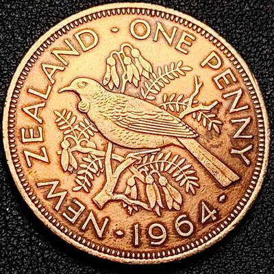 泉币菌-第182场- 精品福利场 - 图伊鸟 1964年 英属新西兰1便士青铜硬币 31毫米 伊丽莎白二世女王 铜钱纪念币