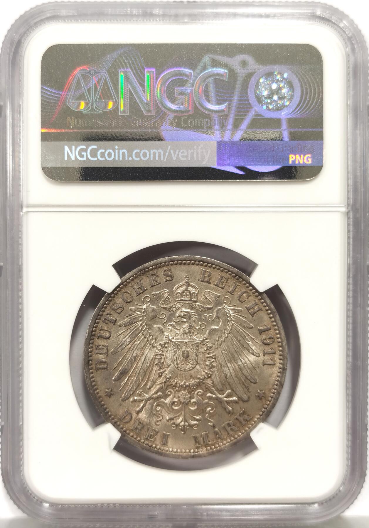 博洋堂“心向春光”2月精品大拍专场暨第160期（全场包邮） NGC MS65 德国符腾堡1911年银婚纪念3马克，高分难得底板近乎无可挑剔，整体为淡灰色包浆，足以自藏的品相