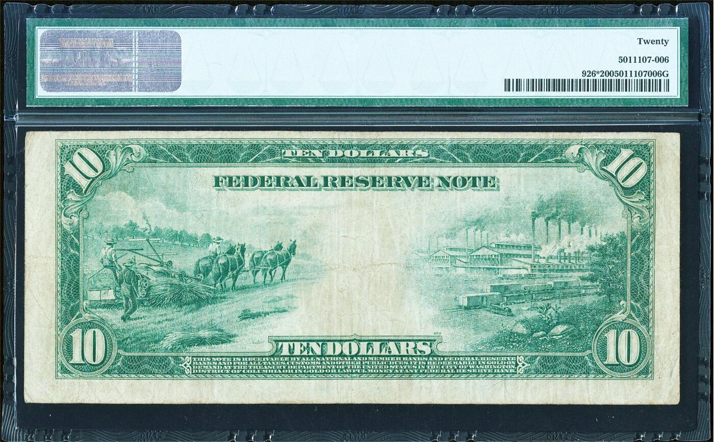 【Blue Auction】世界纸币精拍第784期——18级TOP拍卖/信誉/品质/专业/高效💫 【极罕见fr.926* 星星补号 存世最少的大票幅老美金品种之一】美国 1914年10美金 亚特兰大版布克和休斯顿签名组合 PMG20 老壳  正面杰克逊 背面工业与农业 大场景 雕刻精美（10年前该张纸币以2115美金成交，时过境迁重出江湖可遇不可求 其稀缺性导致美元目录也没法给出参考价）