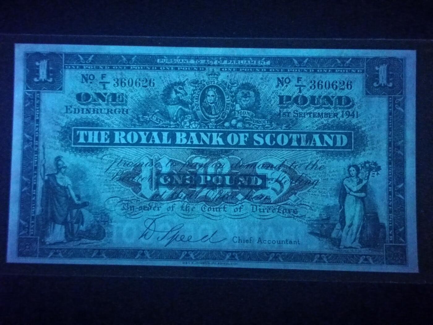 【年前末拍！】2026二月第二期，总216期 苏格兰皇家银行1941年UNC-此年度首冠F/1无47，不列颠女神和拿花女神/爱丁堡和格拉斯哥的分行，早期少见战时蓝色墨版本