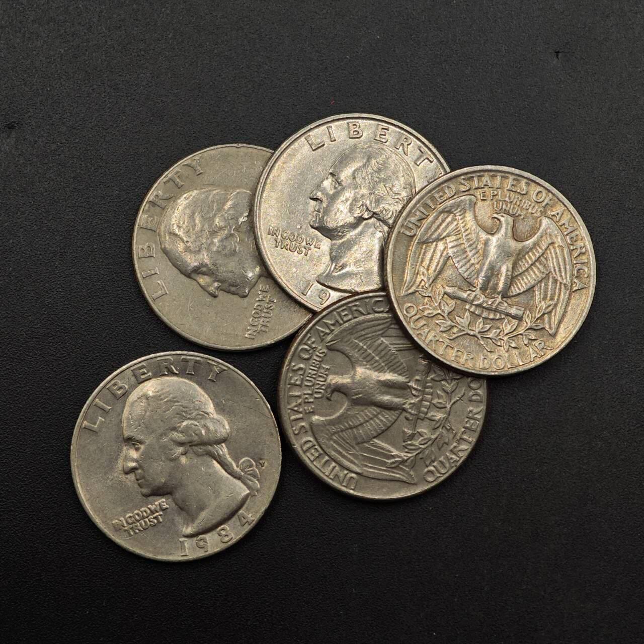  【淘币小摊】限时拍第八百六十六拍   散币场    年前最后一周之前预留8号9号全部发出请更换最新收货地址不方便收货的请勿参拍或者顺丰到付 美国1984年25分5枚