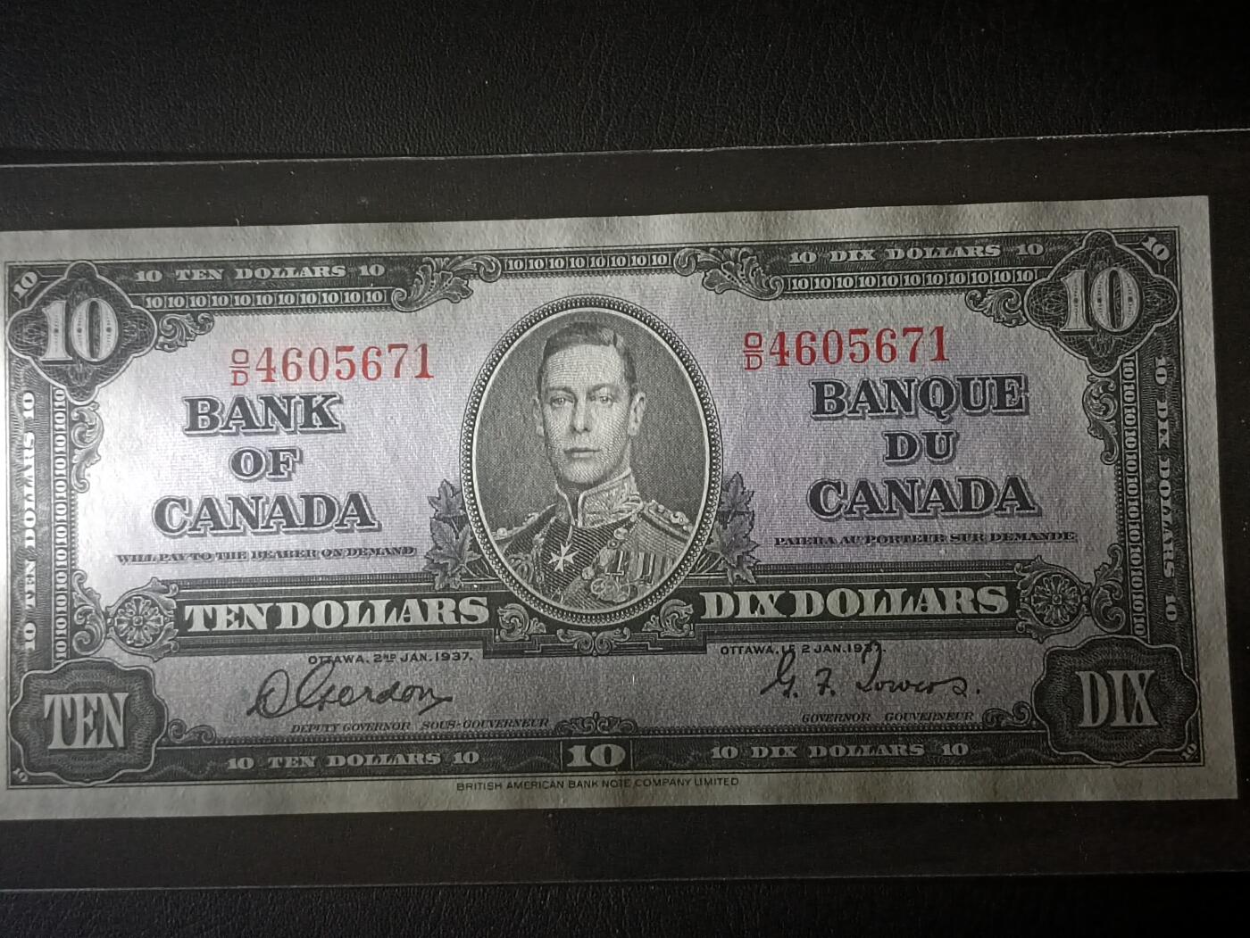 【年前末拍！】2026二月第二期，总216期 加拿大1937版10元UNC-，乔治六世国王和商业神墨丘利，稀有中高面值品种