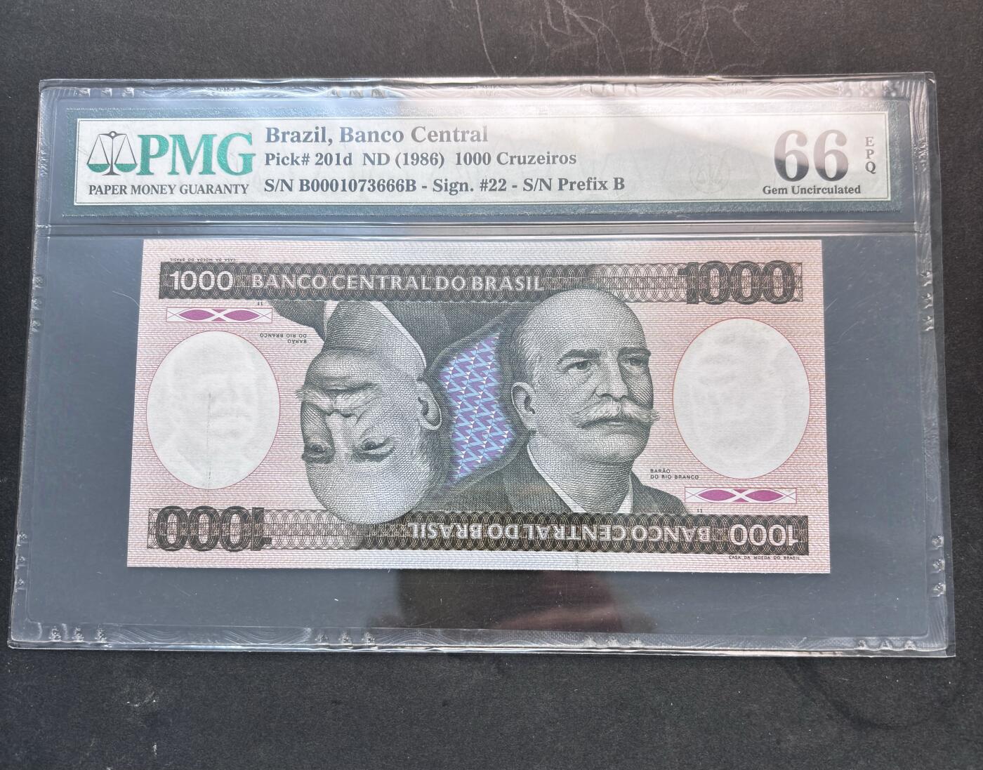 【金马踏春，泉马奔腾】2026 年新年贺岁场，（定于年初五接财神截拍）祝各位老板马到成功，马上有钱，愿岁岁平安喜乐顺遂 1986 年巴西 1000 克鲁塞罗 PMG 评级 66 分带 EPQ 双豹子号 000 头 666 尾