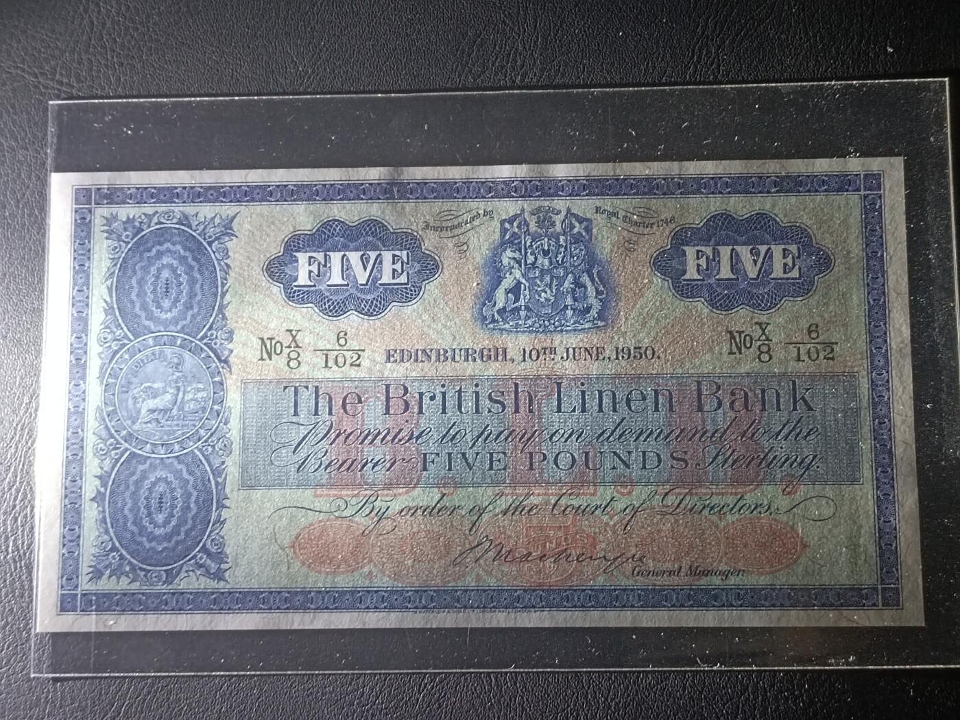 【年前末拍！】2026二月第二期，总216期 苏格兰不列颠亚麻银行1950年5镑UNC-，不列颠尼亚女神，早期大票幅版本，稀有中高面值