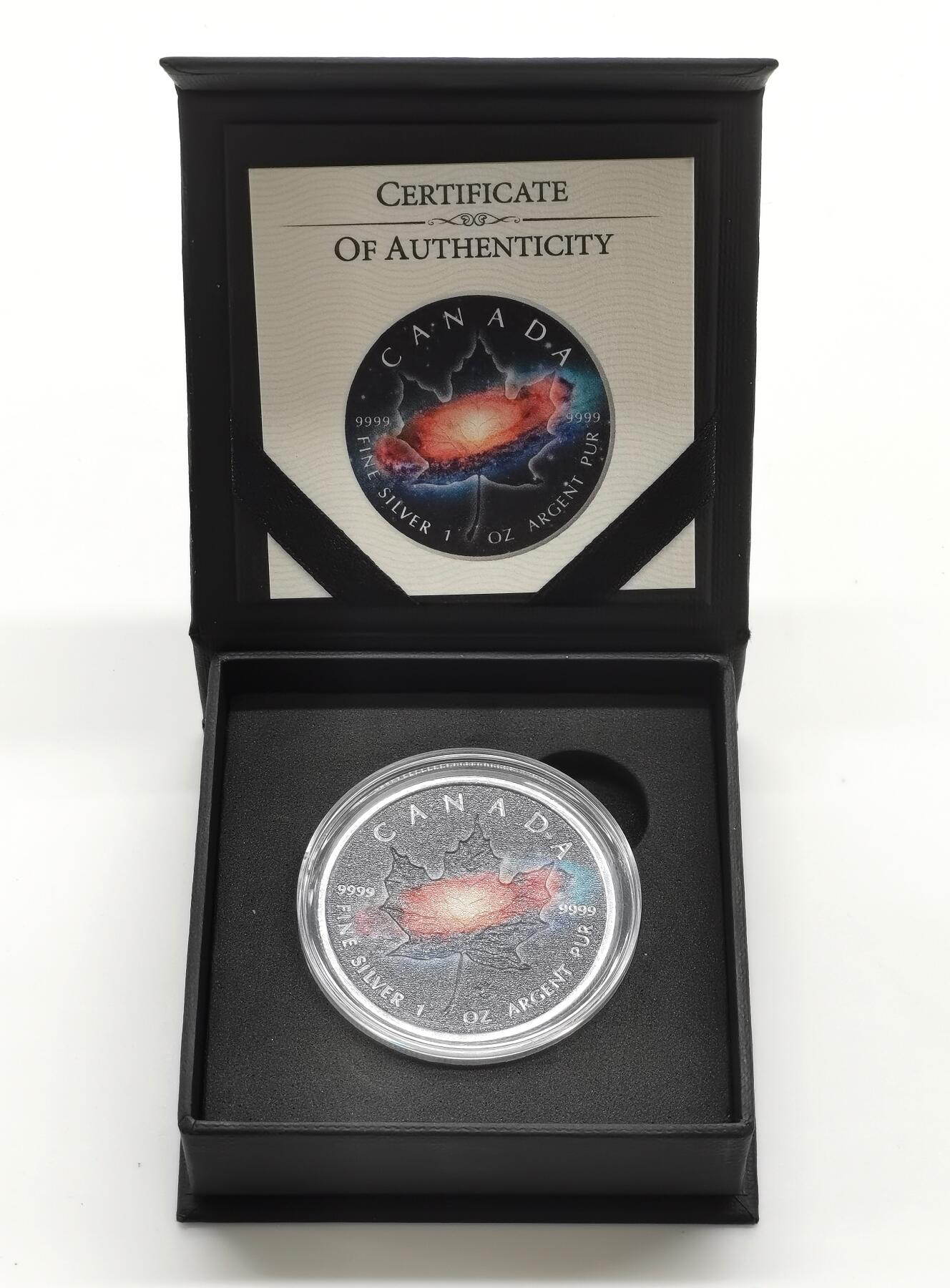 博洋堂“心向春光”2月精品大拍专场暨第160期（全场包邮） 2018年加拿大5元普制彩色银币 银河（枫叶币） 1盎司9999银 发行量：100 盒证全