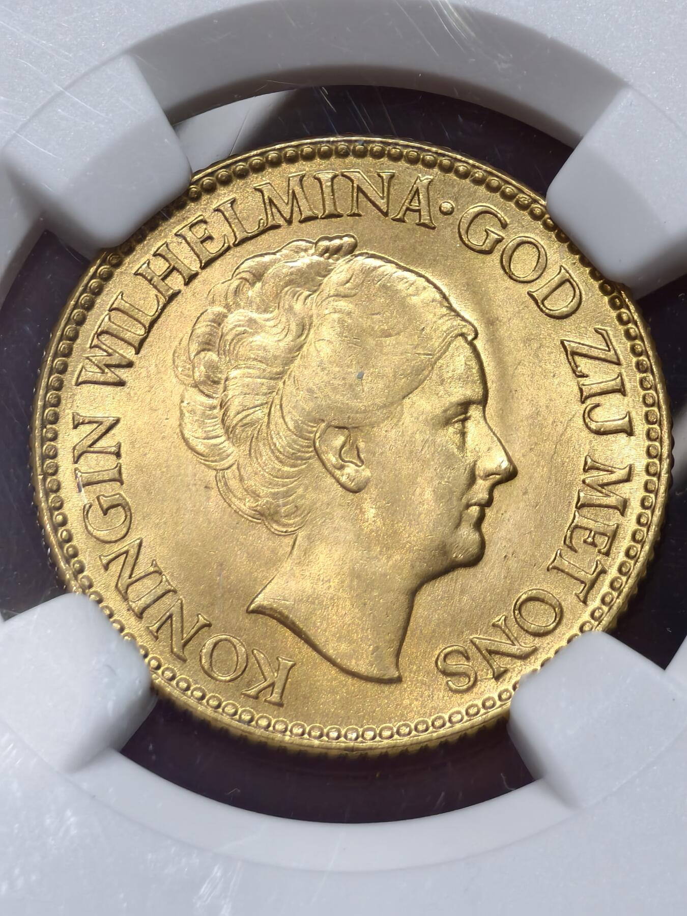 NGC-MS65荷兰1925年威廉明娜女王10盾金币