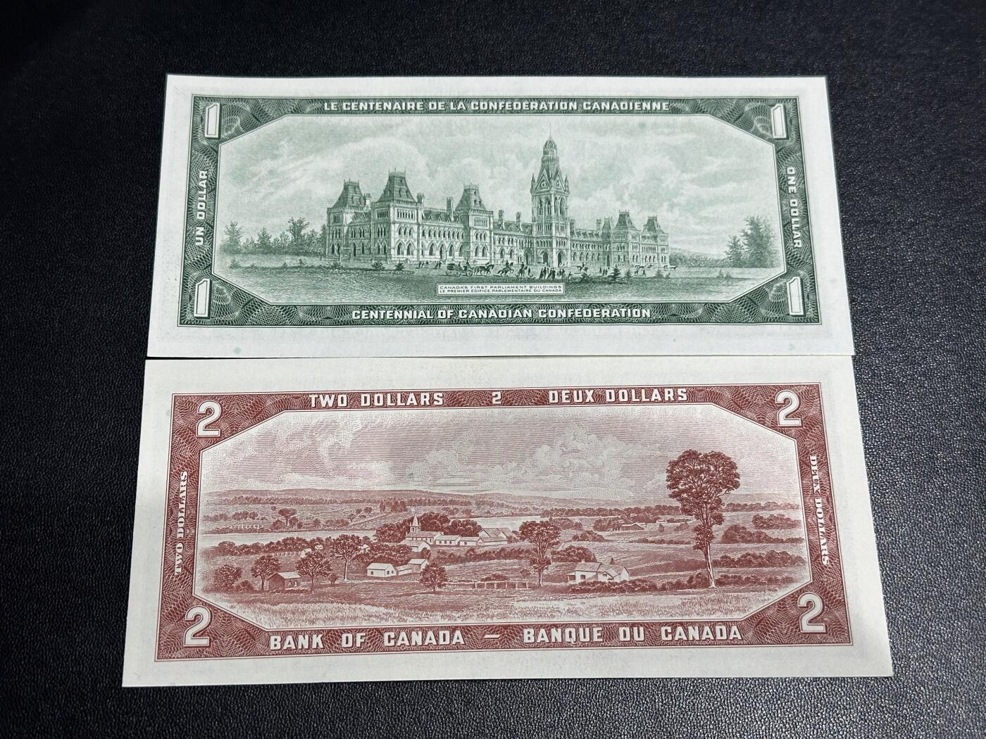 《外钞收藏家》第六百零九期（农历年前收官场、本期年后快递恢复正常再发货）（本平台长期征集拍品、欢迎藏友们联系合作） 加拿大1954年风景版2元+1967年1元（老版纸币UNC较少）		UNC