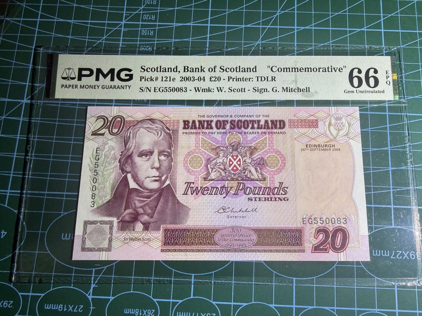 【炜奕收藏】，第五十九期，苏格兰多时期钞票，年前最后一期，拍后所有寄存物品将寄出 2004年苏格兰银行20镑，PMG66分新壳，亚军分仅4张更高分，号码无47
