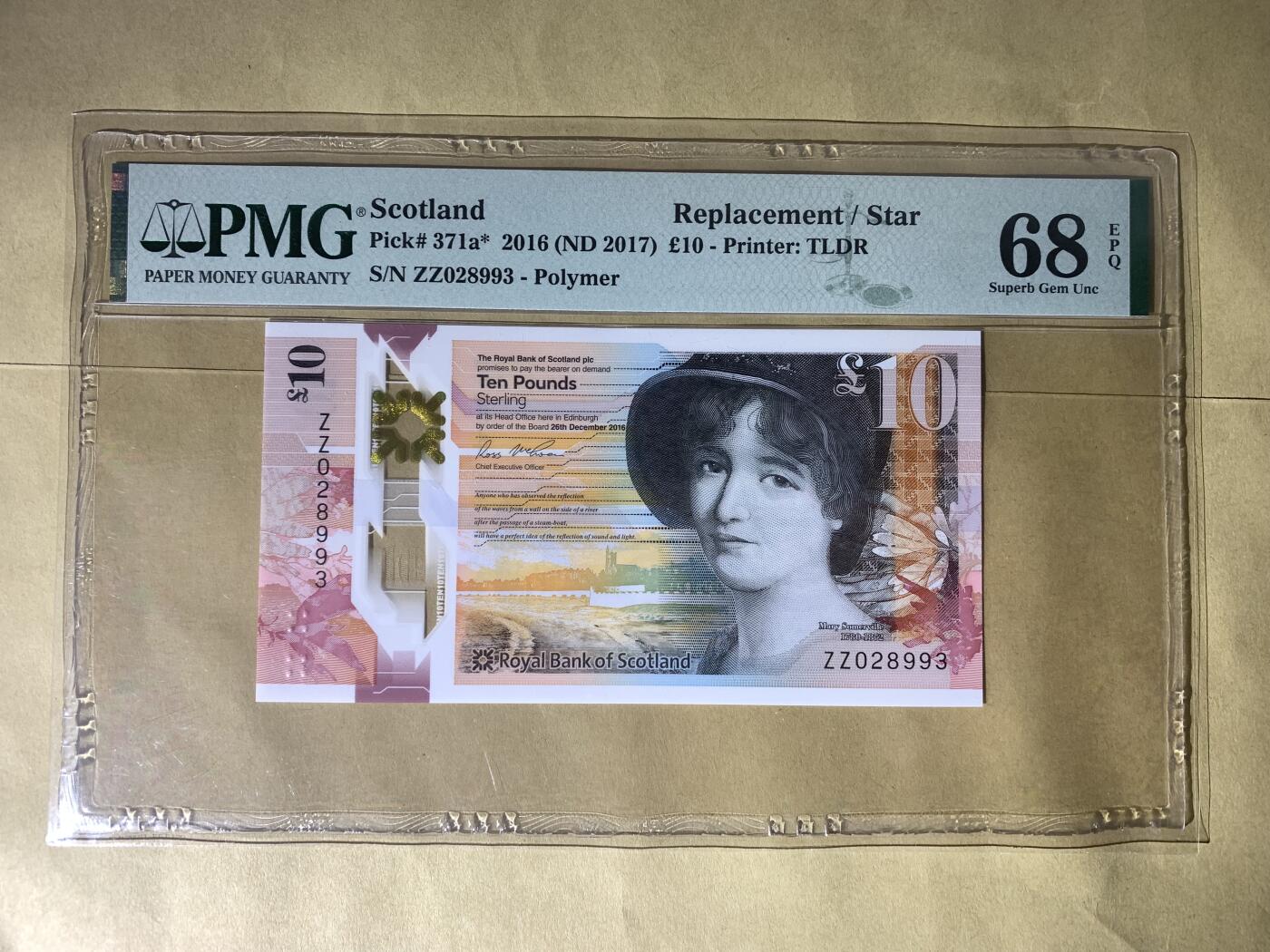 【礼羽收藏】🌏世界钱币拍卖第124期 【ZZ028993】2016年苏格兰10镑 塑料钞 ZZ冠 补号 无47 PMG68