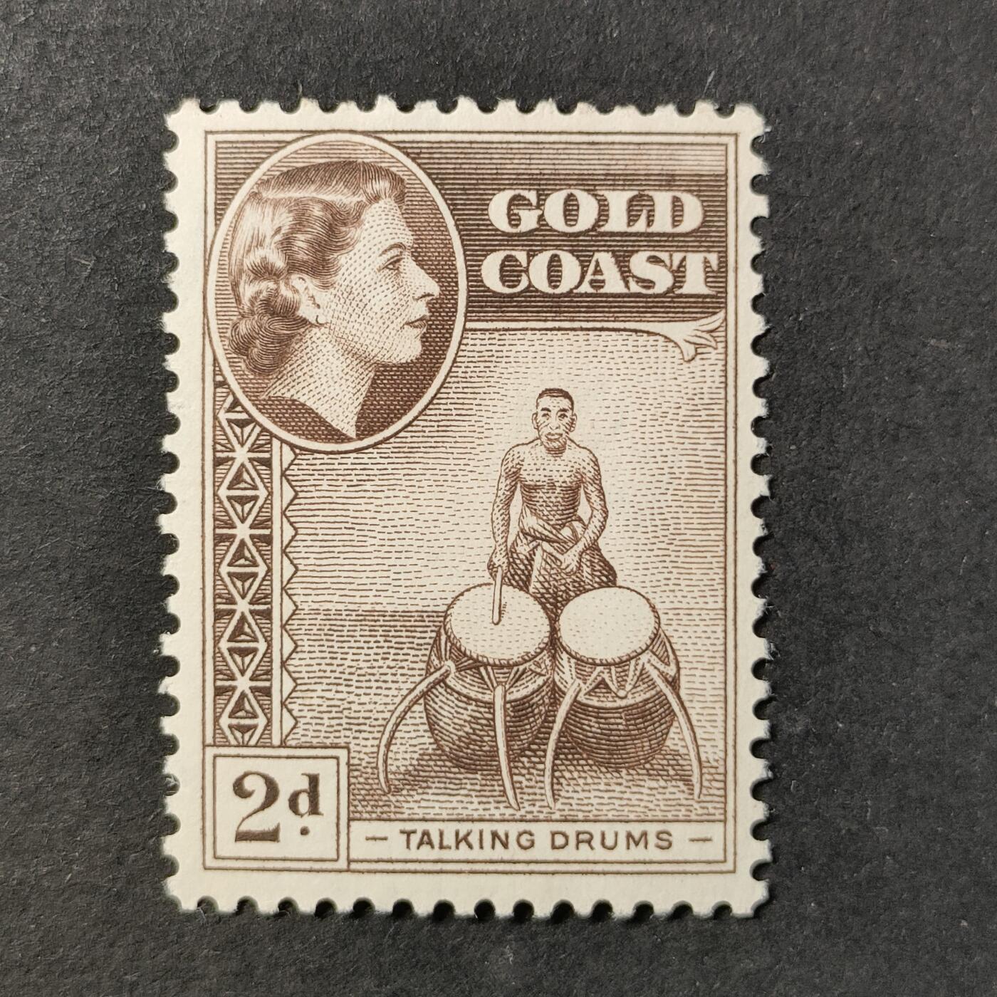 ↓君缘收藏735期☞钱币邮品↓无佣金、可寄存、满30元包邮  英属黄金海岸(加纳)邮票，1954年伊丽莎白二世女王·会说话的鼓邮票