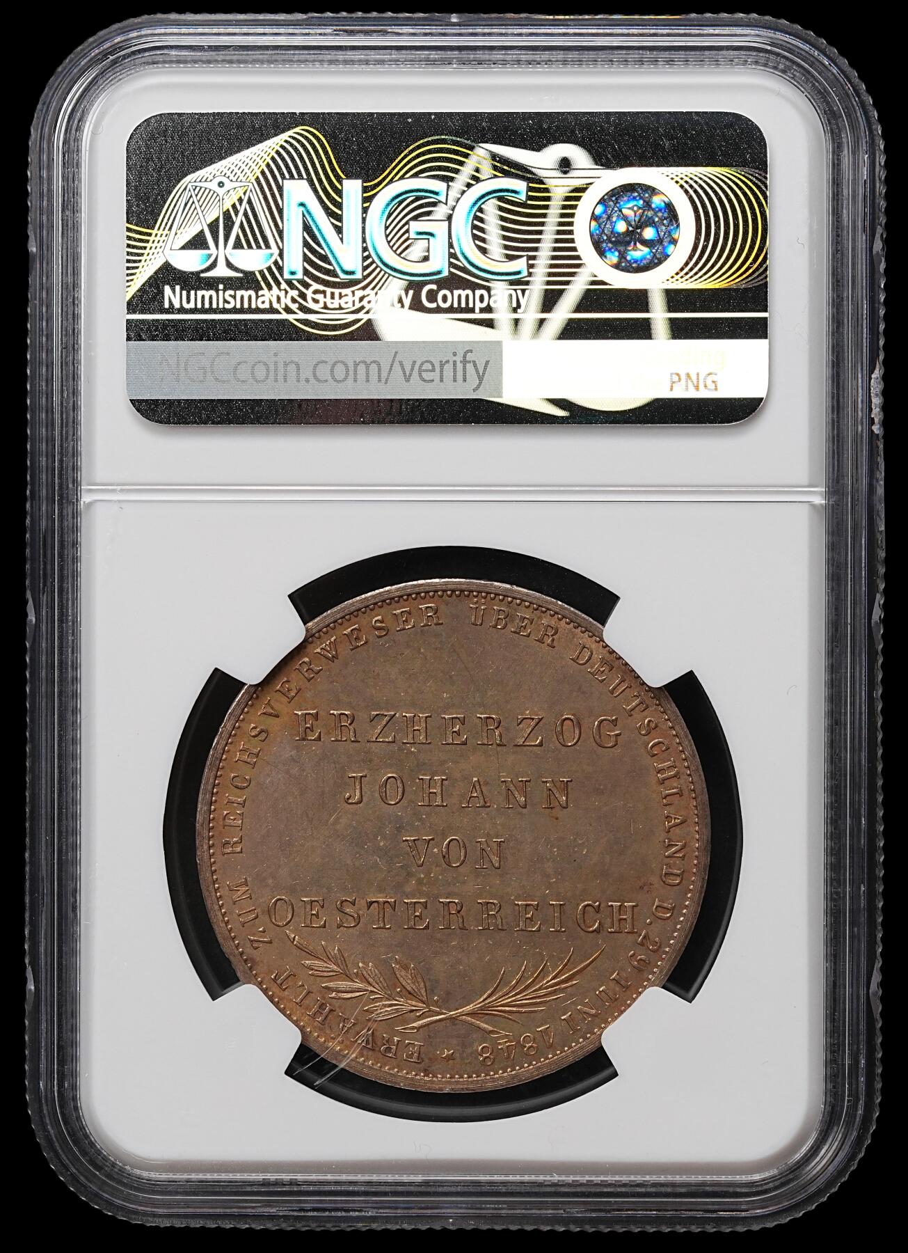 修遠堂世界钱币第104期 NGC MS63 1848 年法兰克福国民议会 2 盾（2 Gulden）纪念大银币，焦糖彩