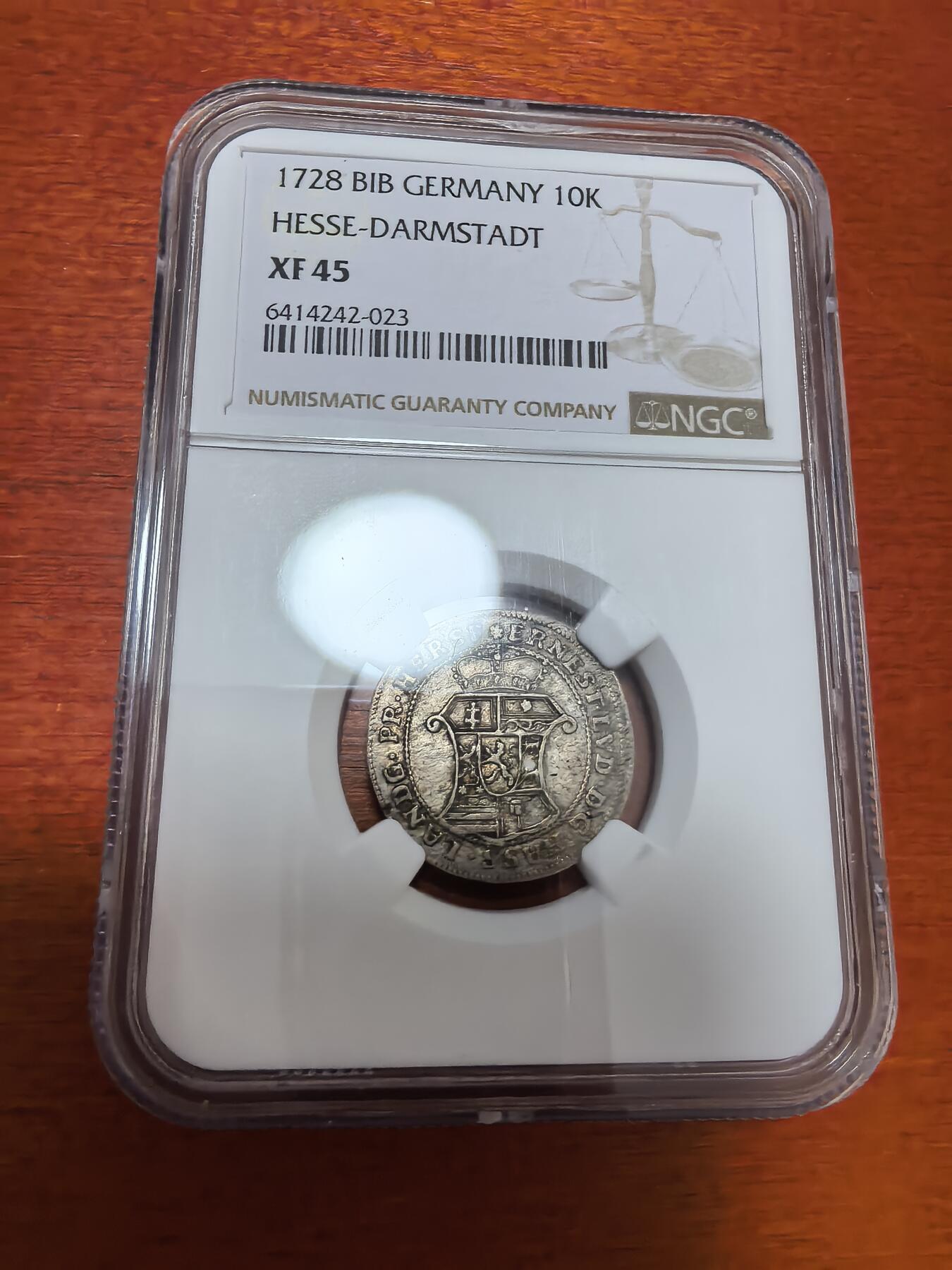 长老汇蛇年精选第九十八场拍卖  1728 BIB 德国黑森和达姆斯特10克洛泽银币，NGC XF45分，更高分仅有4枚，近三百年的老物件，细节清晰可见