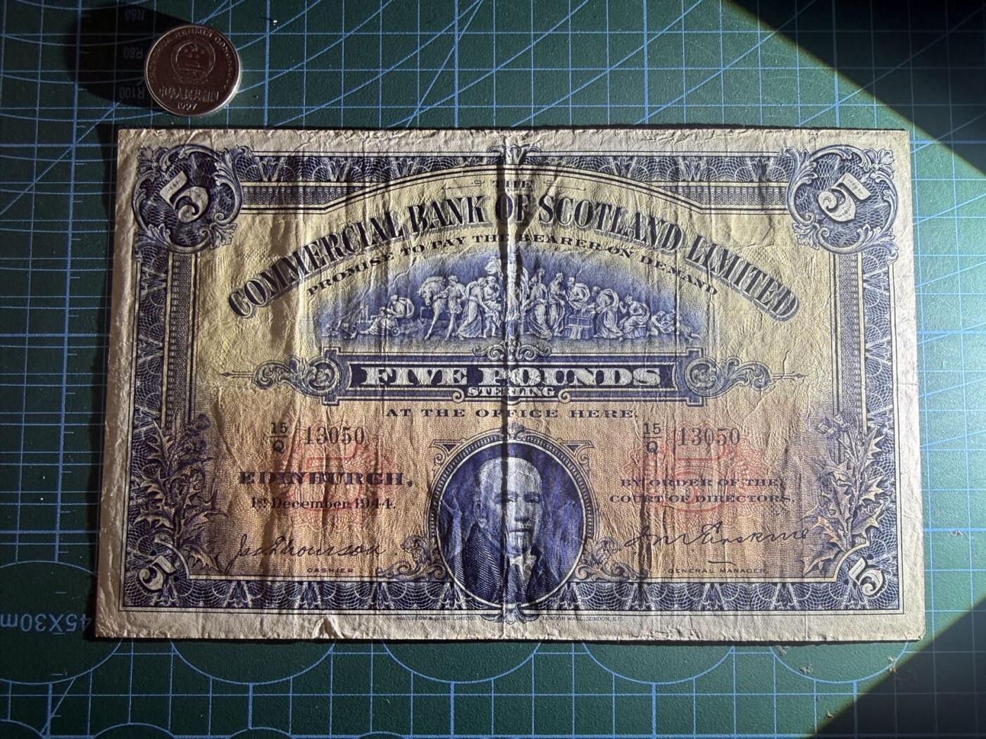 【炜奕收藏】，第五十九期，苏格兰多时期钞票，年前最后一期，拍后所有寄存物品将寄出 1944年苏格兰商业银行5镑，品相如图，超大票幅，少见