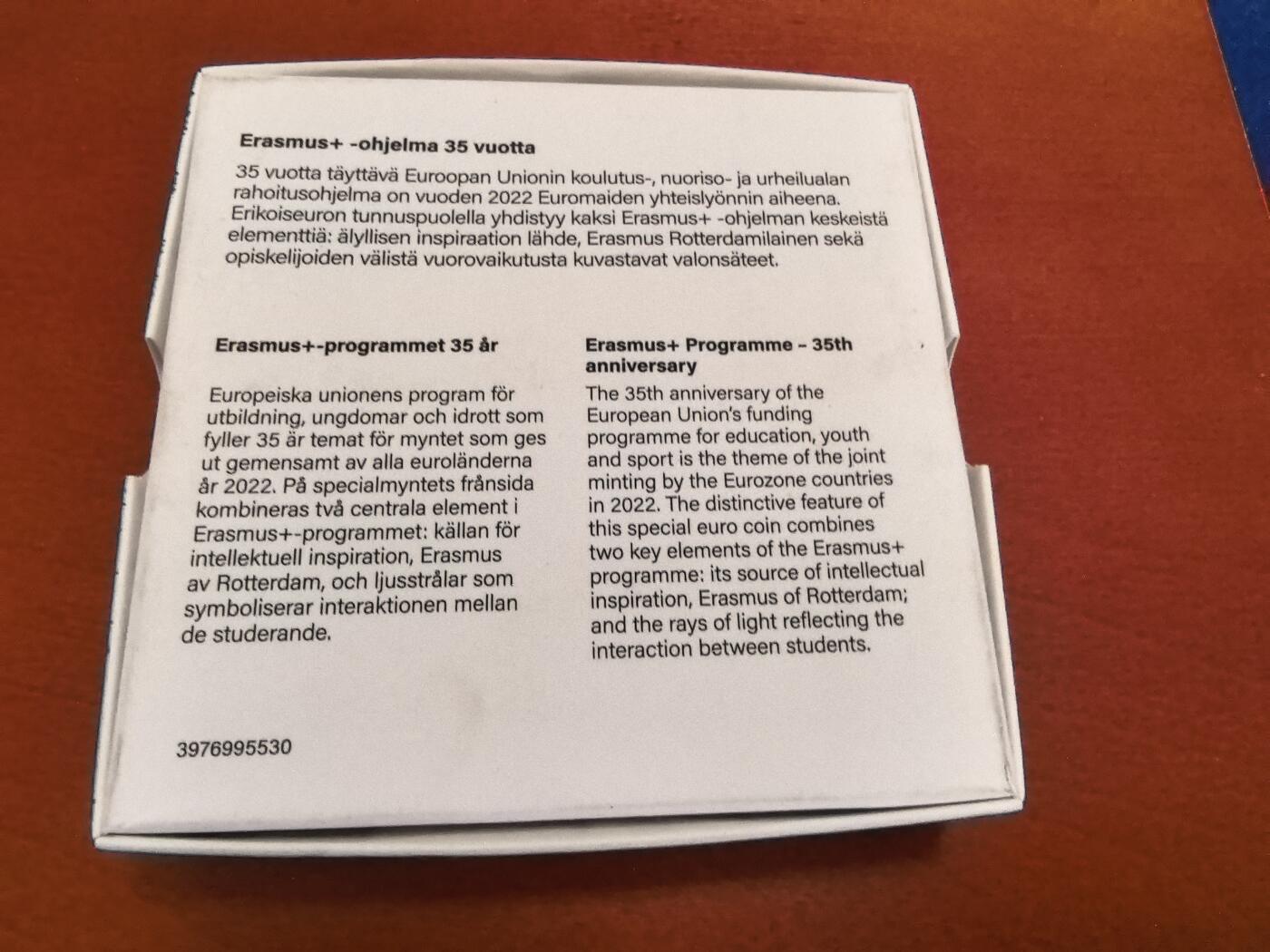 长老汇蛇年精选第九十八场拍卖 2022芬兰伊拉莫斯计划35周年2欧元精制双色币，盒证全，5500枚