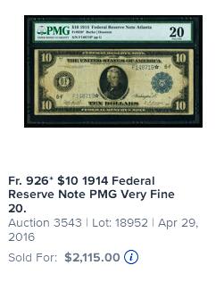 【Blue Auction】世界纸币精拍第784期——18级TOP拍卖/信誉/品质/专业/高效💫 【极罕见fr.926* 星星补号 存世最少的大票幅老美金品种之一】美国 1914年10美金 亚特兰大版布克和休斯顿签名组合 PMG20 老壳  正面杰克逊 背面工业与农业 大场景 雕刻精美（10年前该张纸币以2115美金成交，时过境迁重出江湖可遇不可求 其稀缺性导致美元目录也没法给出参考价）