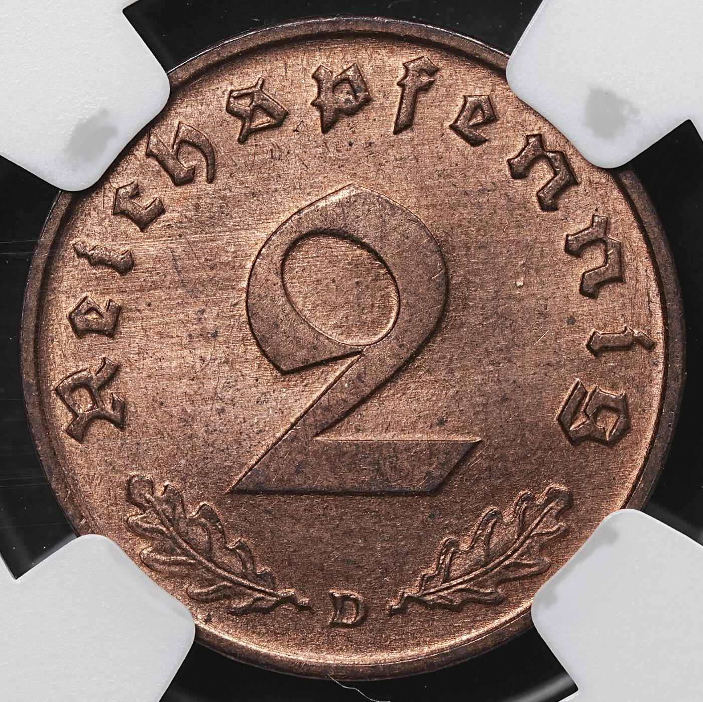 修遠堂世界钱币第104期 NGC MS63RB 1939年德国2芬尼铜币 D厂铭