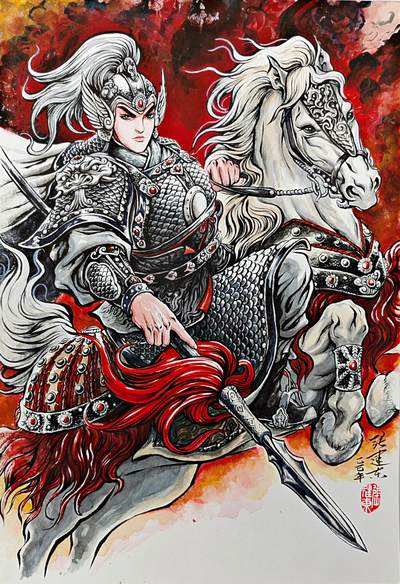 白泽拍卖卡牌手绘专场第32期（愿得长如此 年年物侯新） - 2025 张建东手绘画 赵云  尺寸：27cm*39.3cm  张建东亲签