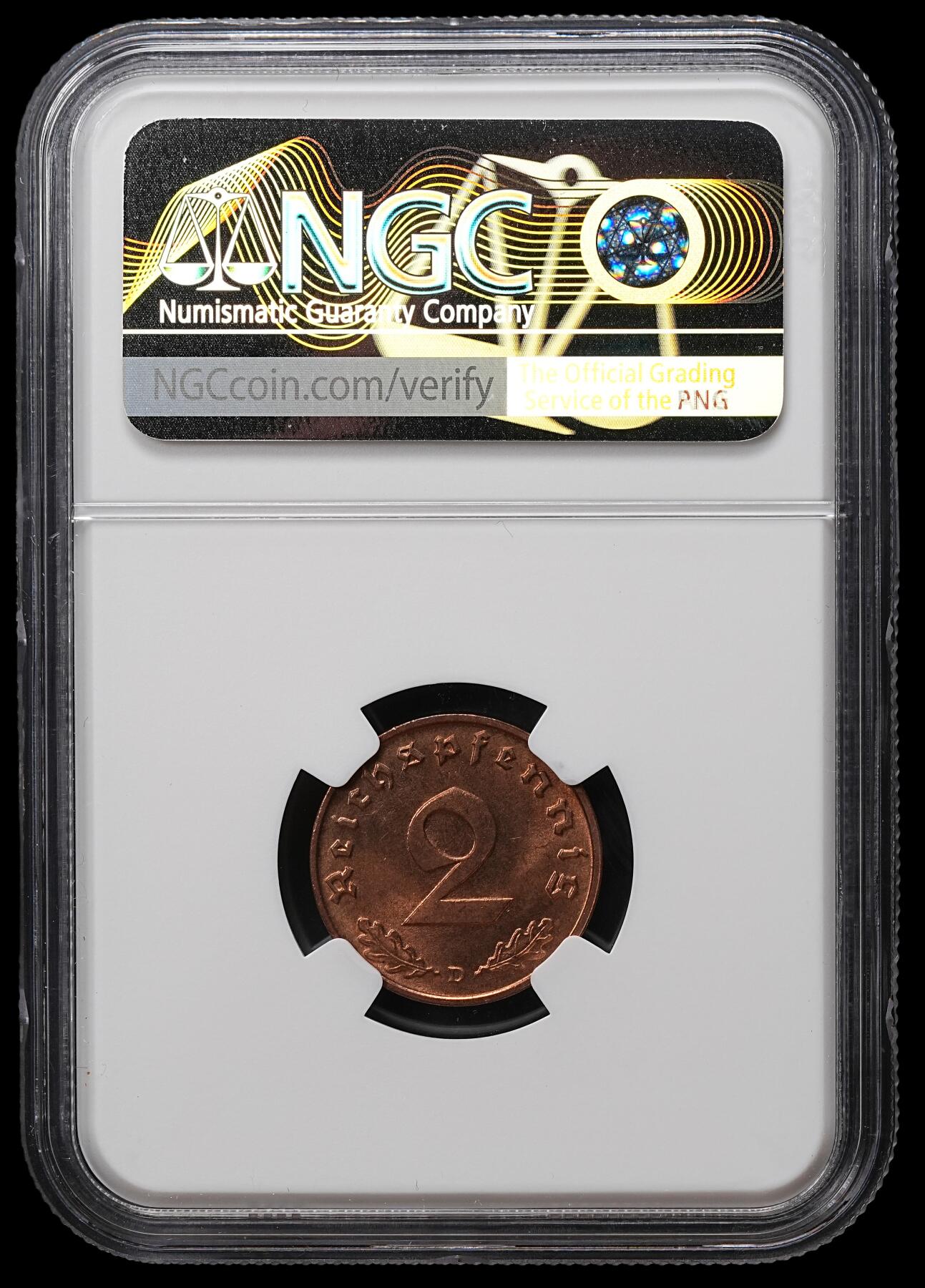 修遠堂世界钱币第104期 NGC MS64RB 1939年德国2芬尼铜币 D厂铭