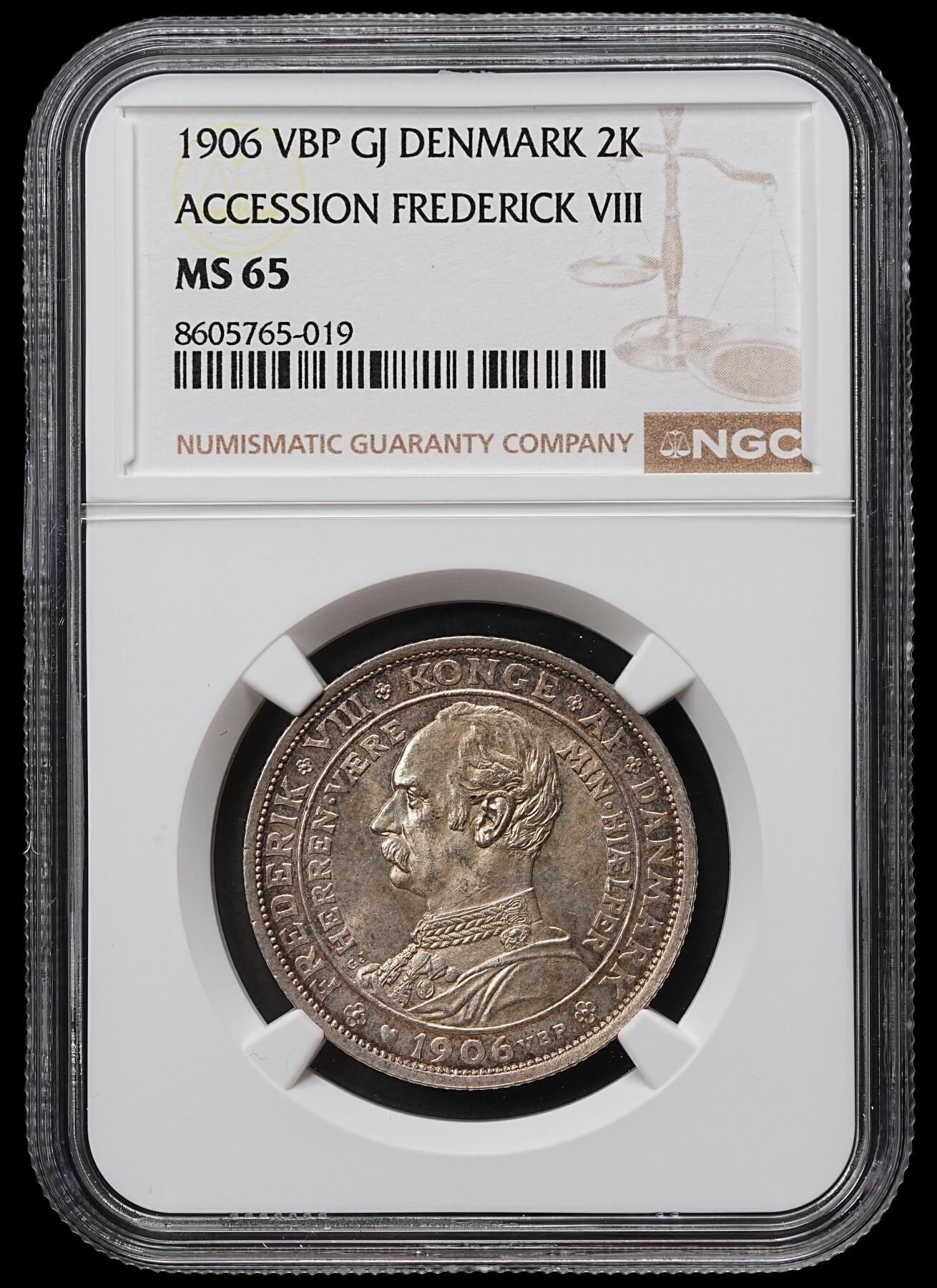 修遠堂世界钱币第104期 NGC MS65 1906年丹麦国王更迭纪念2克朗银币