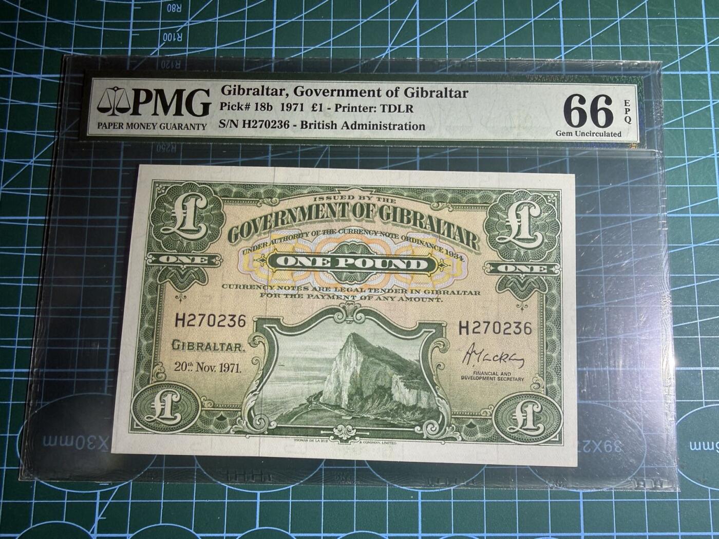 【炜奕收藏】，第五十九期，苏格兰多时期钞票，年前最后一期，拍后所有寄存物品将寄出 1971年直布罗陀1镑，PMG66分，号码无4