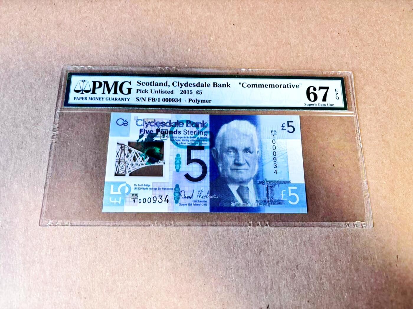 【Blue Auction】世界纸币精拍第784期——18级TOP拍卖/信誉/品质/专业/高效💫 【FB/1冠 百位小号】苏格兰 2015年5镑 PMG67EPQ 