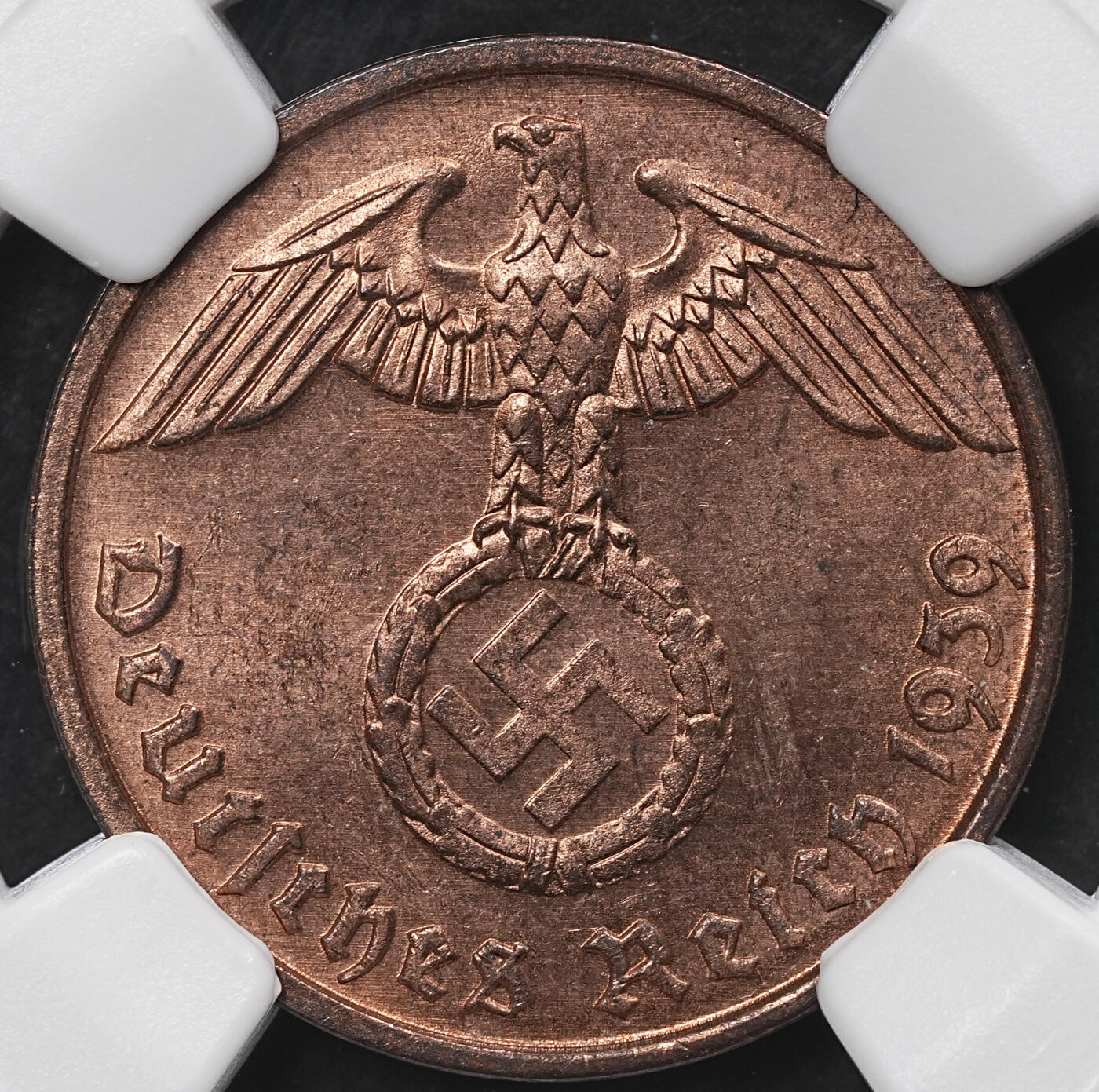 修遠堂世界钱币第104期 NGC MS63RB 1939年德国2芬尼铜币 D厂铭