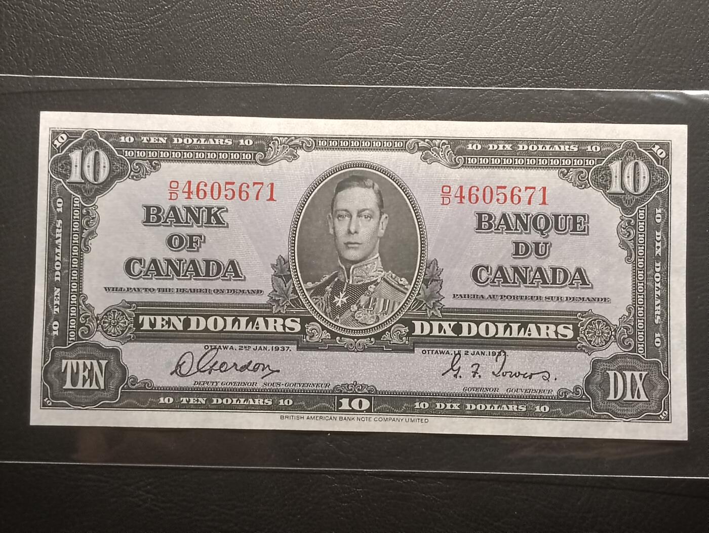 【年前末拍！】2026二月第二期，总216期 加拿大1937版10元UNC-，乔治六世国王和商业神墨丘利，稀有中高面值品种