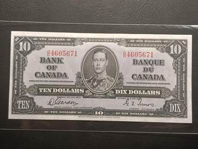 【年前末拍！】2026二月第二期，总216期 - 加拿大1937版10元UNC-，乔治六世国王和商业神墨丘利，稀有中高面值品种