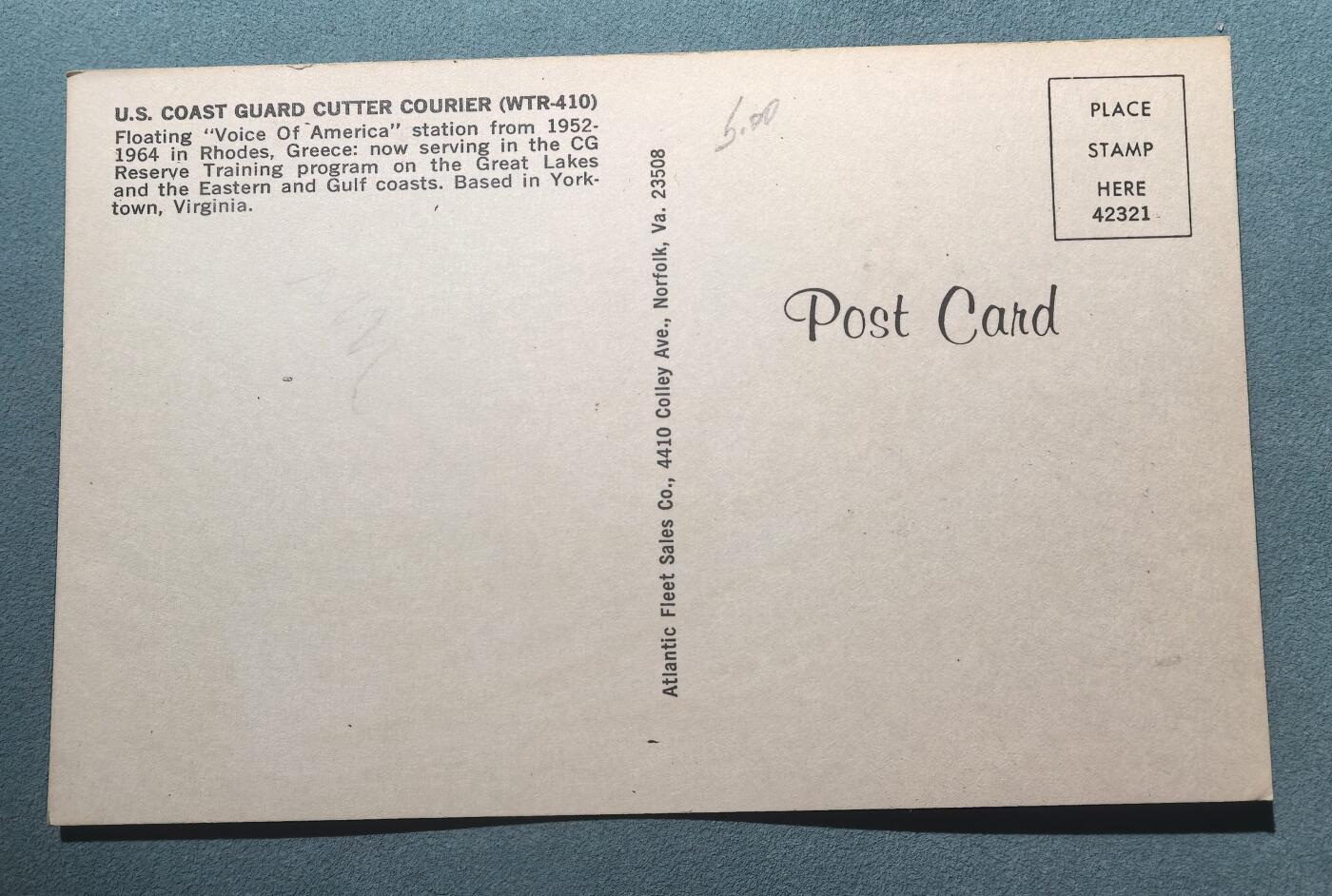 盛世勋华——号角文化勋章邮票专场拍卖第304期 美国冷战时期军舰专题明信片 海岸警卫队信使号巡逻船（WTR-410）  