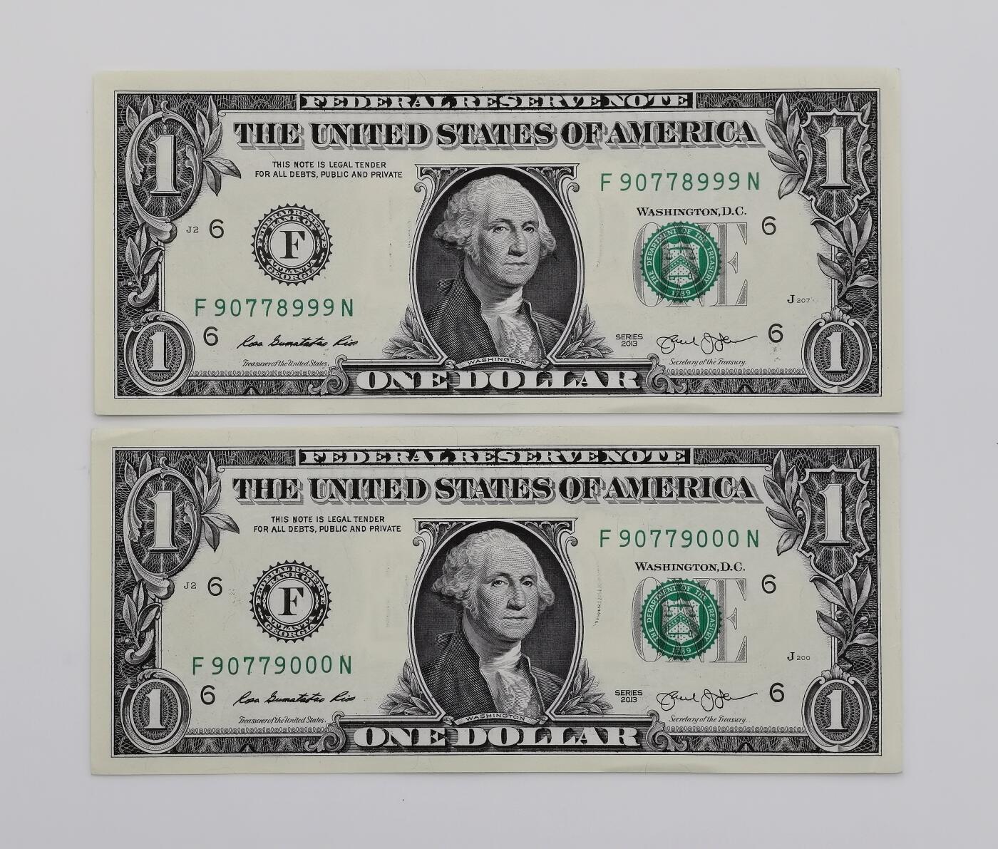 博洋堂“心向春光”2月精品大拍专场暨第160期（全场包邮） 美国2013年华盛顿1美元，稀少999和000豹子号二连号