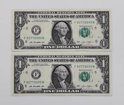 博洋堂“心向春光”2月精品大拍专场暨第160期（全场包邮） - 美国2013年华盛顿1美元，稀少999和000豹子号二连号