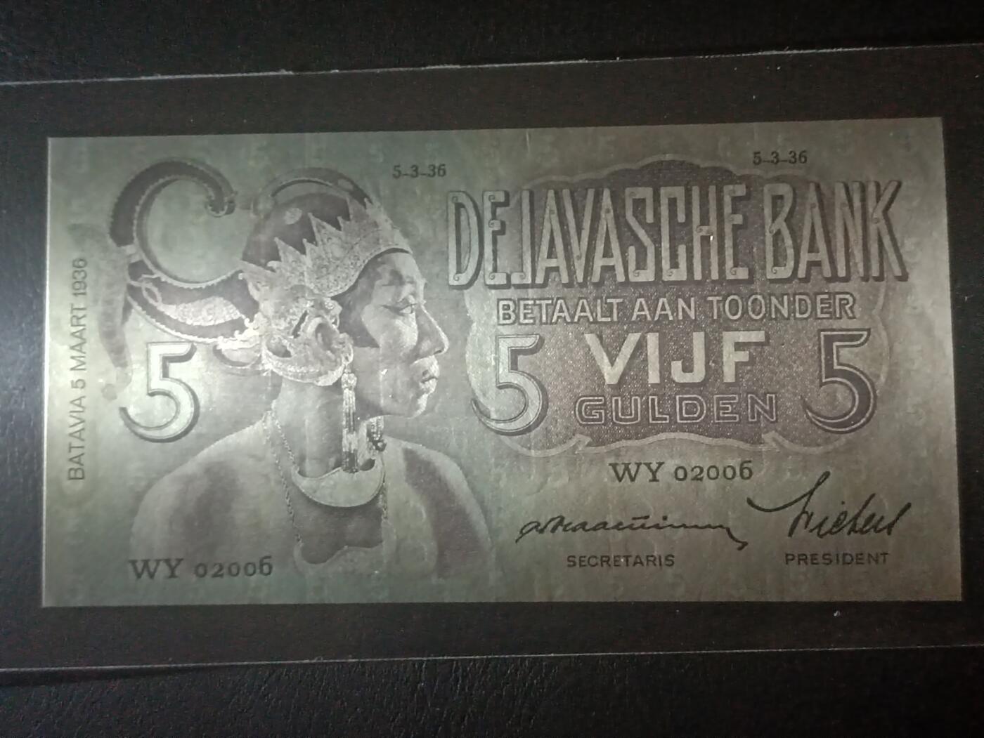 【年前末拍！】2026二月第二期，总216期 荷属东印度（现印度尼西亚）1936年5盾AUNC千位号无47，民族舞蹈和四文告示，稀有的早期年份