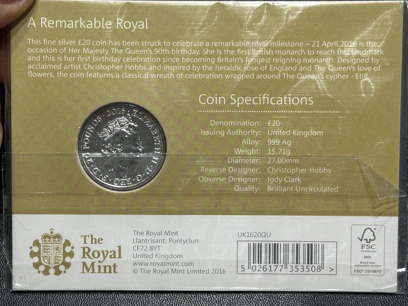 《外钞收藏家》第六百零九期（农历年前收官场、本期年后快递恢复正常再发货）（本平台长期征集拍品、欢迎藏友们联系合作） 英国2016年20镑女王90大寿精制纪念银币（1/2盎司纯银）