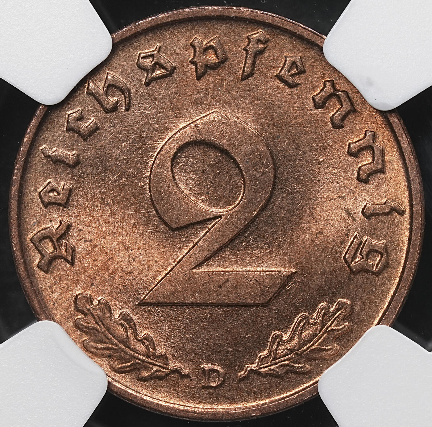 修遠堂世界钱币第104期 NGC MS64RB 1939年德国2芬尼铜币 D厂铭