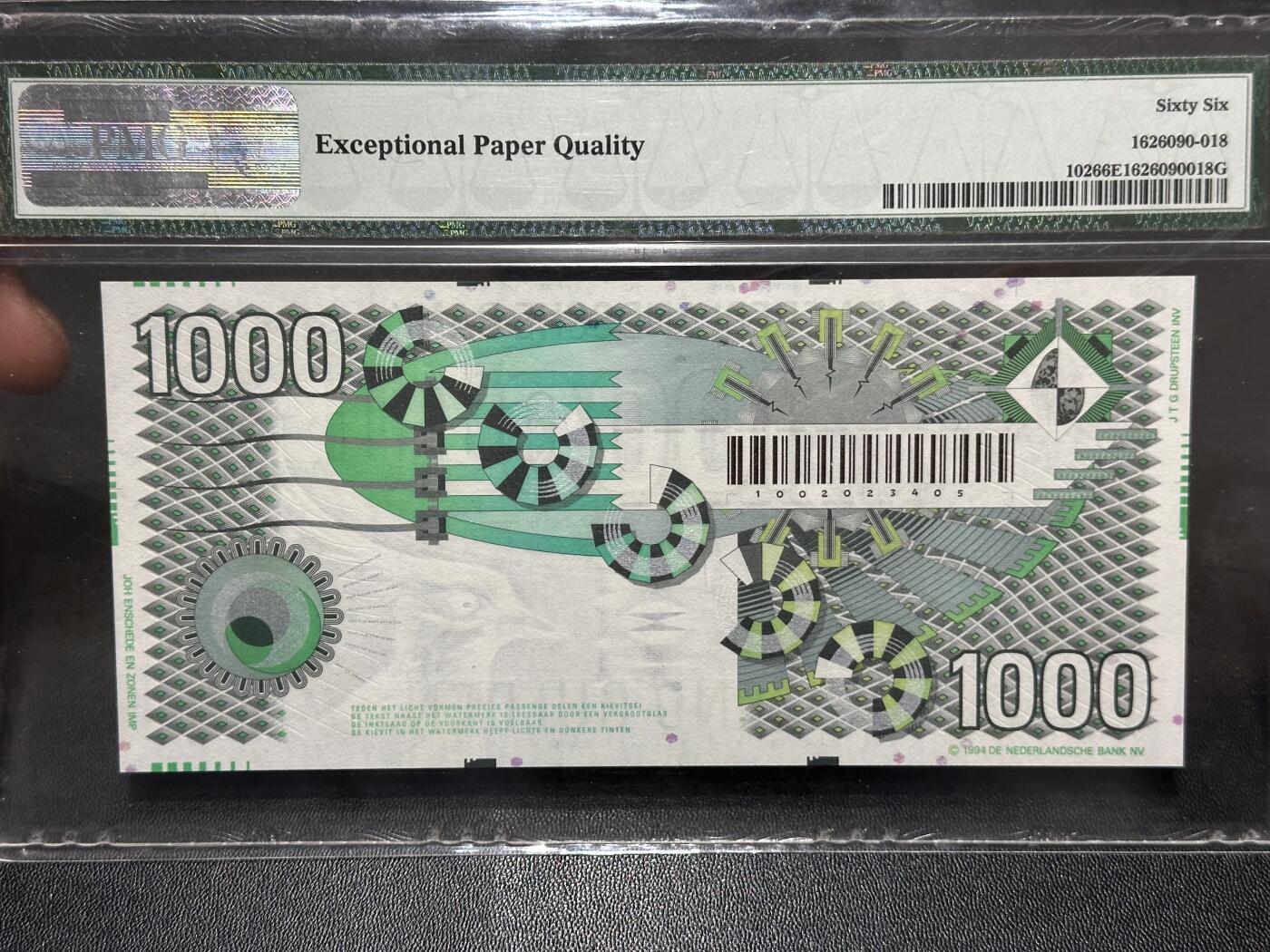 《外钞收藏家》第六百零九期（农历年前收官场、本期年后快递恢复正常再发货）（本平台长期征集拍品、欢迎藏友们联系合作） 荷兰1994（1996）年齿轮版1000盾PMG66（老壳）
