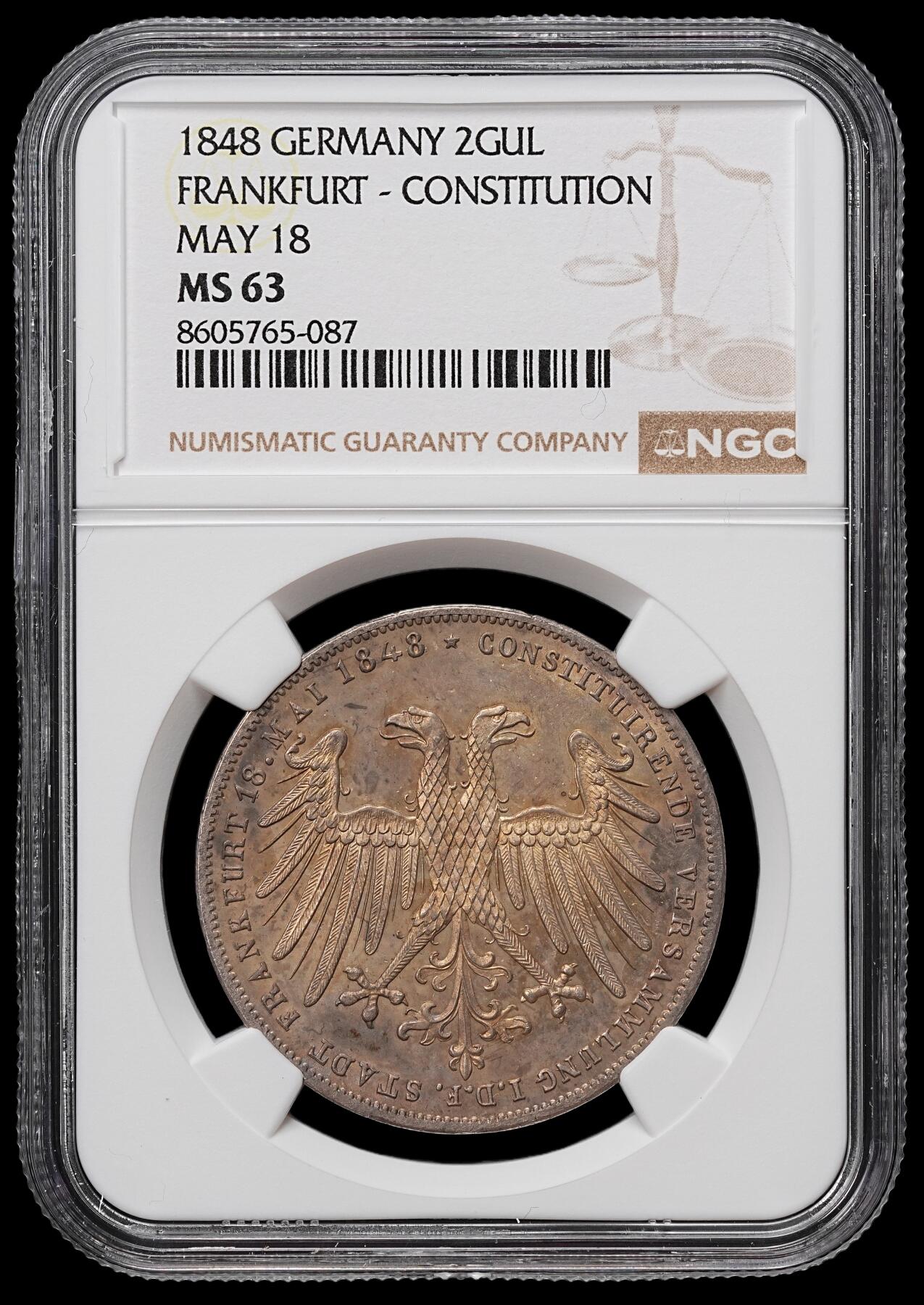 修遠堂世界钱币第104期 NGC MS63 1848 年法兰克福国民议会 2 盾（2 Gulden）纪念大银币，焦糖彩