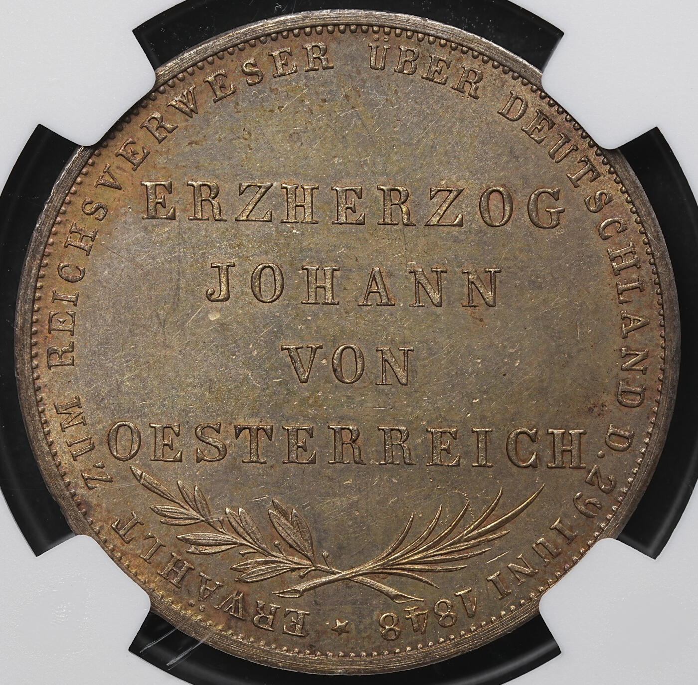 修遠堂世界钱币第104期 NGC MS63 1848 年法兰克福国民议会 2 盾（2 Gulden）纪念大银币，焦糖彩