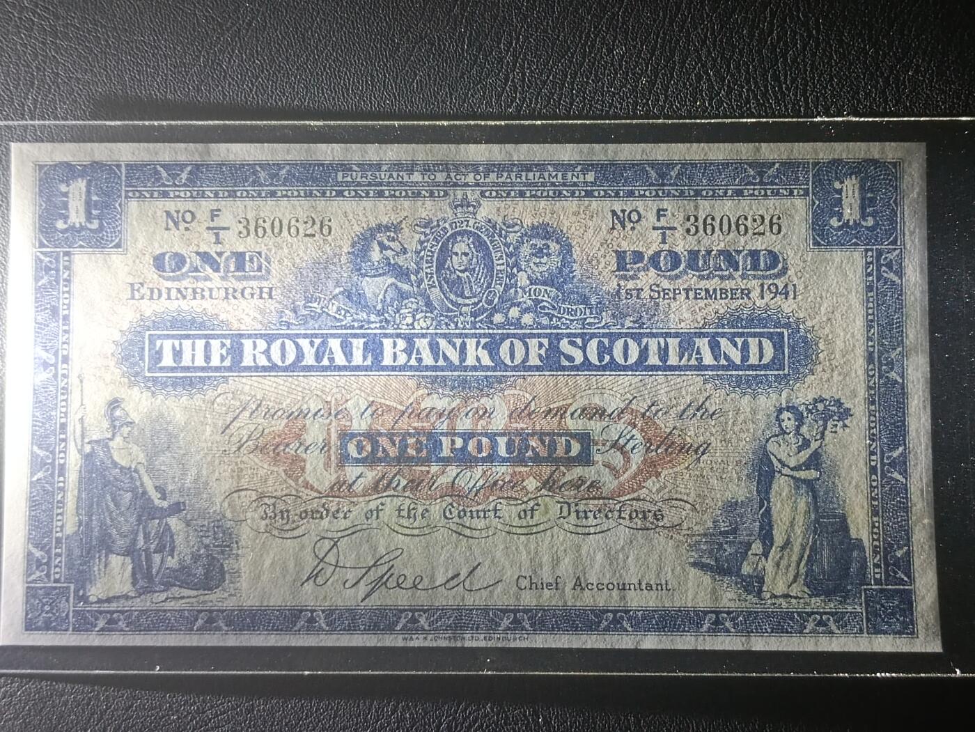 【年前末拍！】2026二月第二期，总216期 苏格兰皇家银行1941年UNC-此年度首冠F/1无47，不列颠女神和拿花女神/爱丁堡和格拉斯哥的分行，早期少见战时蓝色墨版本