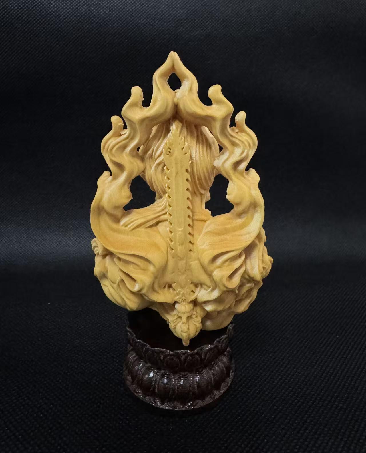 零元拍：精工黄杨木雕：不动明王。高约：10/宽6/厚3.5CM。带底座