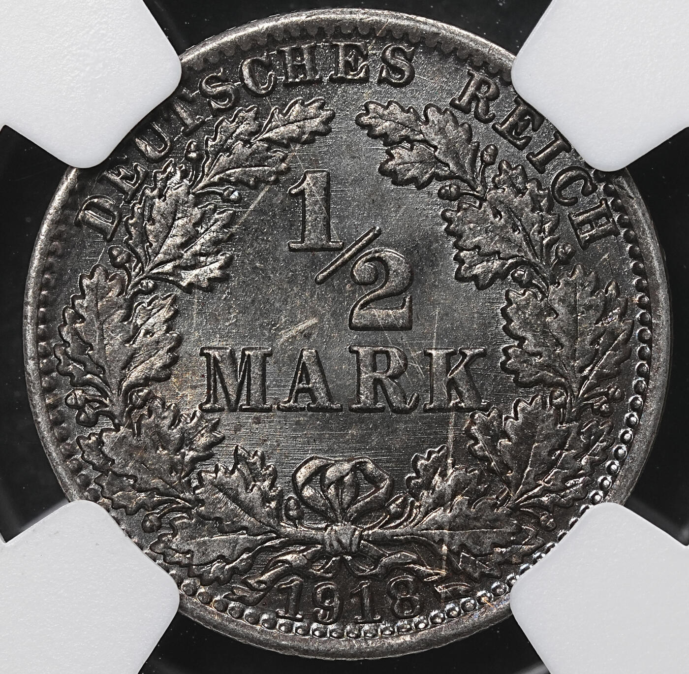 修遠堂世界钱币第104期 NGC MS64 1918年德国1/2马克银币 A厂铭 重黑彩