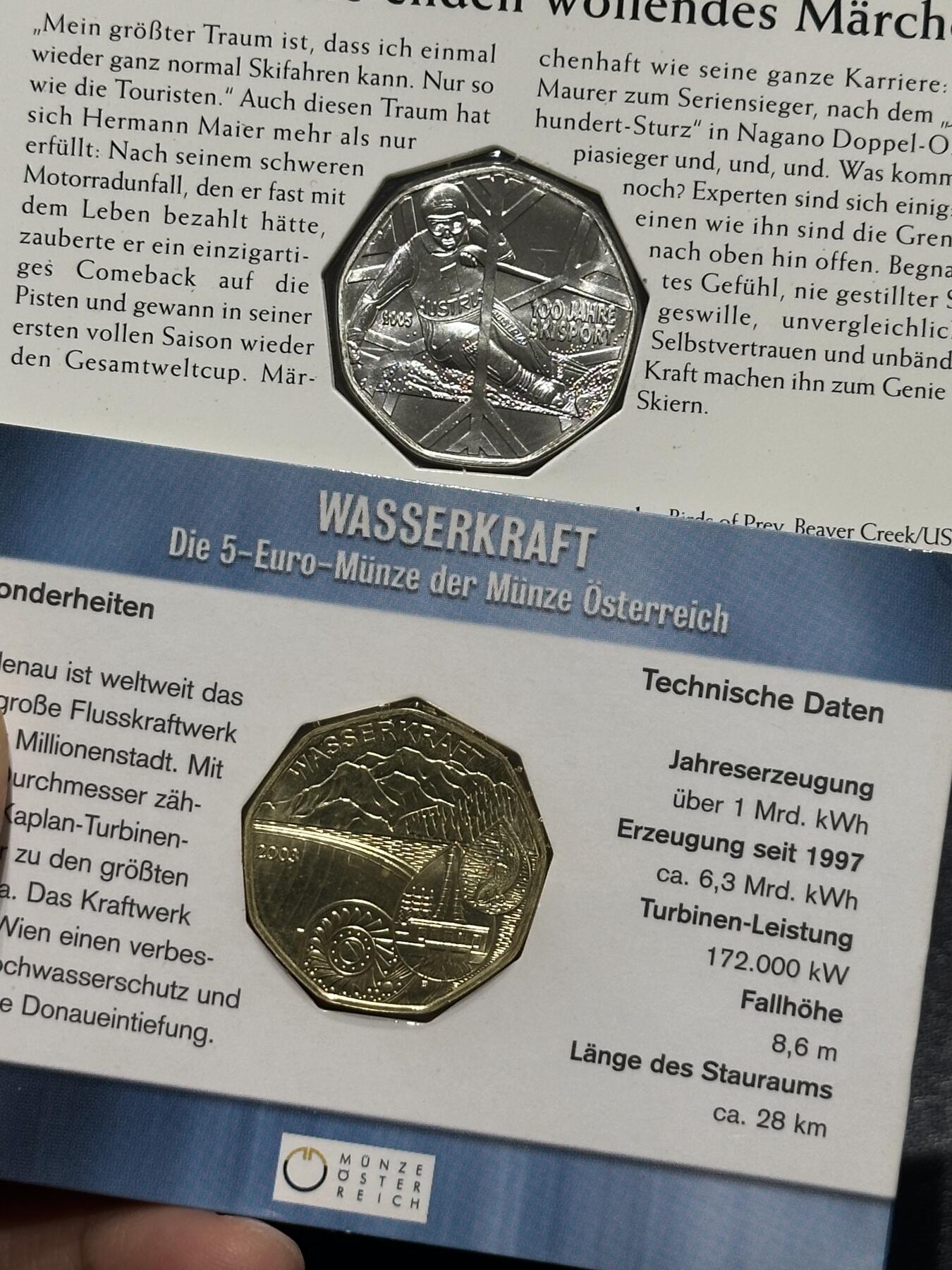 《外钞收藏家》第六百零九期（农历年前收官场、本期年后快递恢复正常再发货）（本平台长期征集拍品、欢迎藏友们联系合作） 奥地利精制5欧元一对（2003年欧洲水库+2005年滑雪纪念银币两枚）