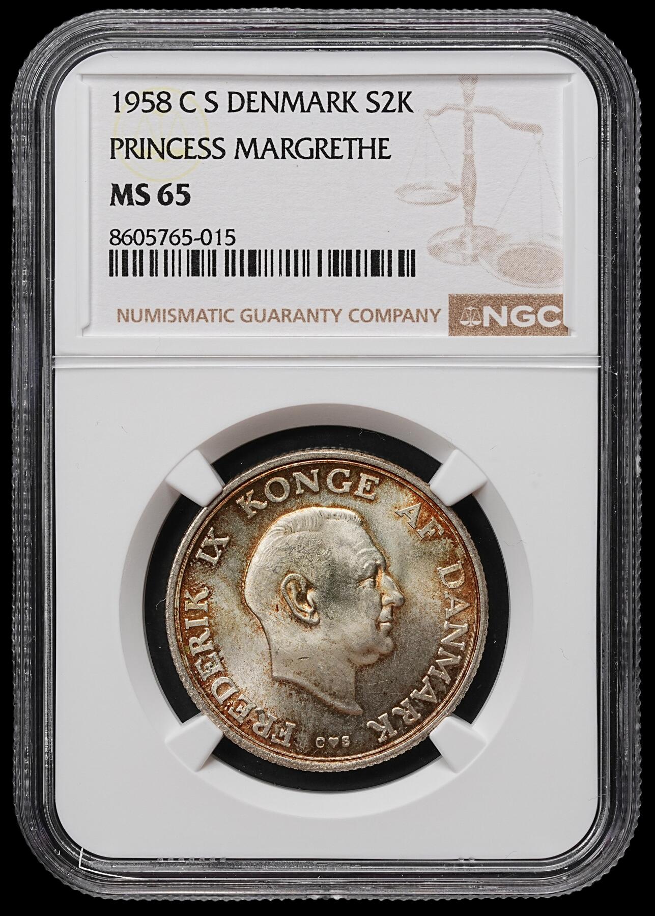 修遠堂世界钱币第104期 NGC MS65 1958年丹麦玛格丽特公主18周岁纪念2克朗银币